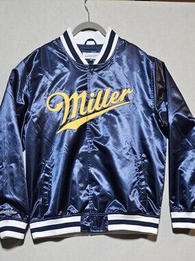 Mitchell & Ness Miller Beer Satin Varsity Jacket Men's L Navy Gold